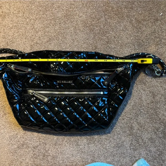 MZ Wallace Black Lacquer Quilted Crosby Sling Belt Bag Crossbody - Picture 4 of 10